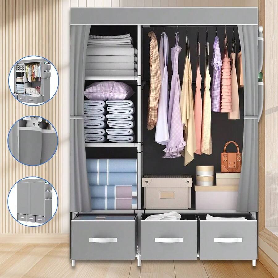 Lislark Portable Closet Storage Organizer Clothes Wardrobe Shoe Clothing Rack Shelf Dustproof Non-Woven Fabric - Light Grey - View 1