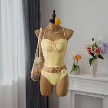 Bellisia Conjunto de 3 peças de camisola estampada xadrez feminina, top tankini e saia fofa para resort de férias