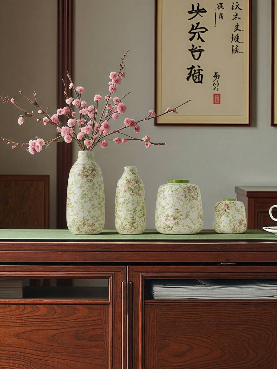 1 Peça Vaso de Cerâmica de Porcelana Verde, Azul e Branco com Design Estilo Chinês, Adequado para Segurar Arranjos de Água e Flores Frescas; Vaso Multifuncional para Exibições Decorativas.