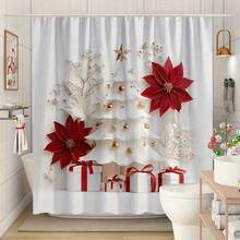 1Pc Red Poinsettia & Golden Christmas Tree Shower Curtain With 12 Hooks - Fabrics Thick, Non-Transparent, And Provides Privacy, White Background Holiday Bathroom Decor, Very Suitable For Room Partition Curtains, Bathroom Dry And Wet Separation Curtains, Elegant Festive Bath Curtain For Christmas Decorations