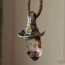 Unique Retro Amethyst Hexagonal Pendant - Witch Hat Design Natural Crystal, Dainty Minimalist Jewelry Accessory - Cowhide Rope - View 1