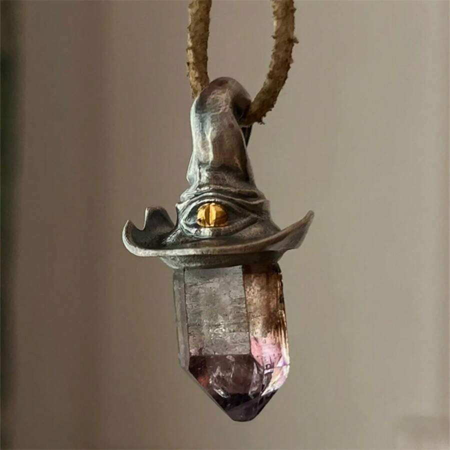 Unique Retro Amethyst Hexagonal Pendant - Witch Hat Design Natural Crystal, Dainty Minimalist Jewelry Accessory - Cowhide Rope - View 1