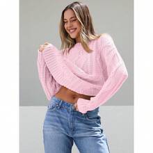 2025  Women's Oversized Cable Knit Crewneck Sweaters - 淡粉紅色 - 查看 4