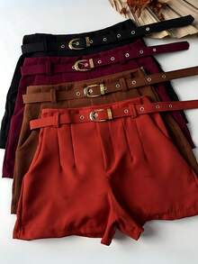 Women's Tailored Shorts With Belt And Pocket - Rose Red - View 2