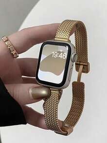 1 pièce Bracelet compatible avec Apple Watch pour femmes, bracelet en métal magnétique étroit de 14 mm de large, doré, compatible avec les tailles d' 46/45/41/40/42/38/49/44 mm, convient pour Apple Watch SE/S11/10/9/8/7SE4/5/6/3/2/1 Ultra 3/2/1, design à motif tressé, bracelet de montre intelligent en métal fin pour l'automne et l'hiver. Accessoires , bracelet de montre doré - Doré - Voir 5
