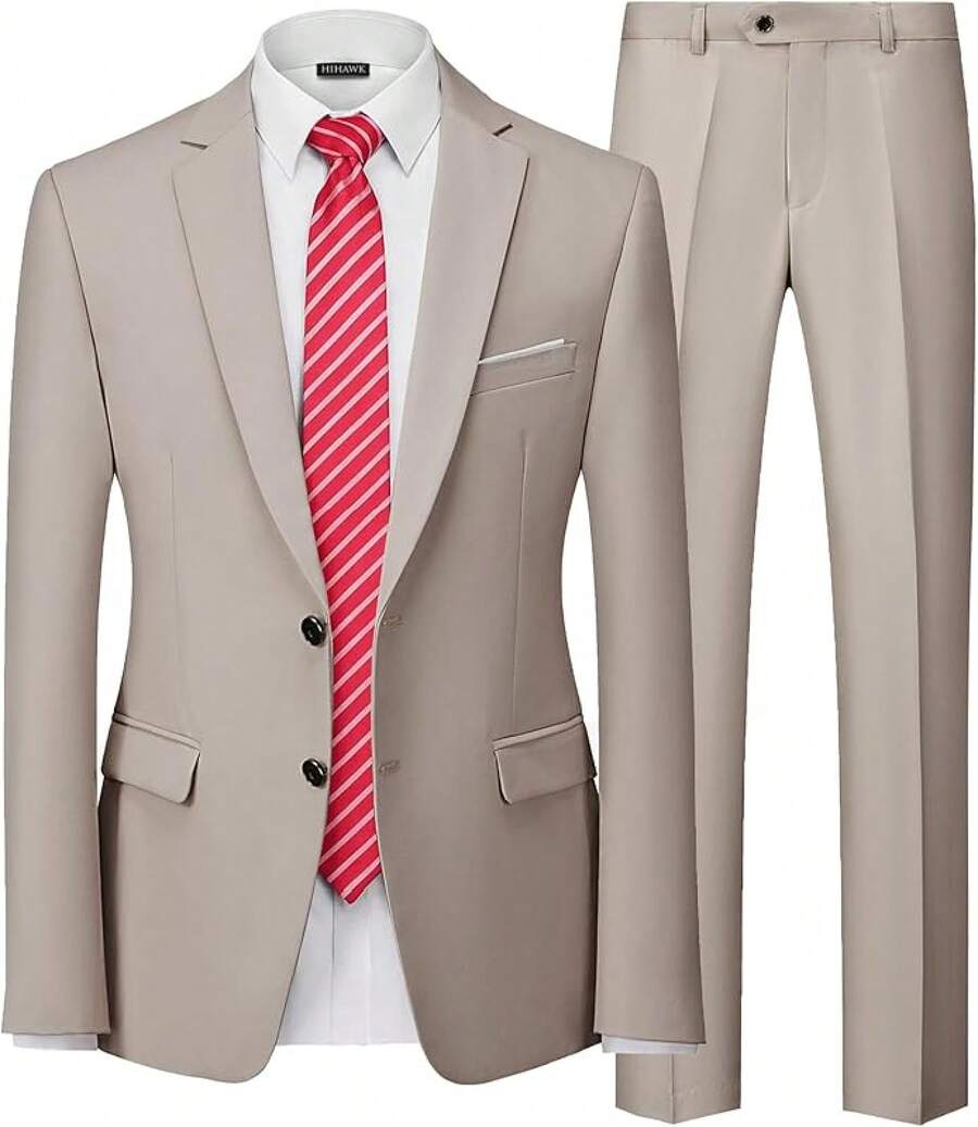 Traje de 2 piezas para hombre Hihawk, conjunto de pantalones sólidos de 2 botones, FGLB Navidad - Beis - Ver 1