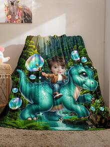1pc Customizable Photo Blanket, Family Blanket, Photo Blanket, Dinosaur Pattern, Memorial Blanket, Suitable As A Gift For Girls, Boys, Adults, Valentine's Day, Lightweight, Baby Blanket, Personalized Fleece Blanket, Personalized Photo Blanket, Personalized Throw Blanket