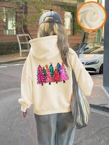 Sweat-shirt en polaire imprimé sapin de Noël, haut doux, idéal pour l'automne/hiver, les fêtes de Noël, le style streetwear, haut à la mode pour enfants automne/hiver