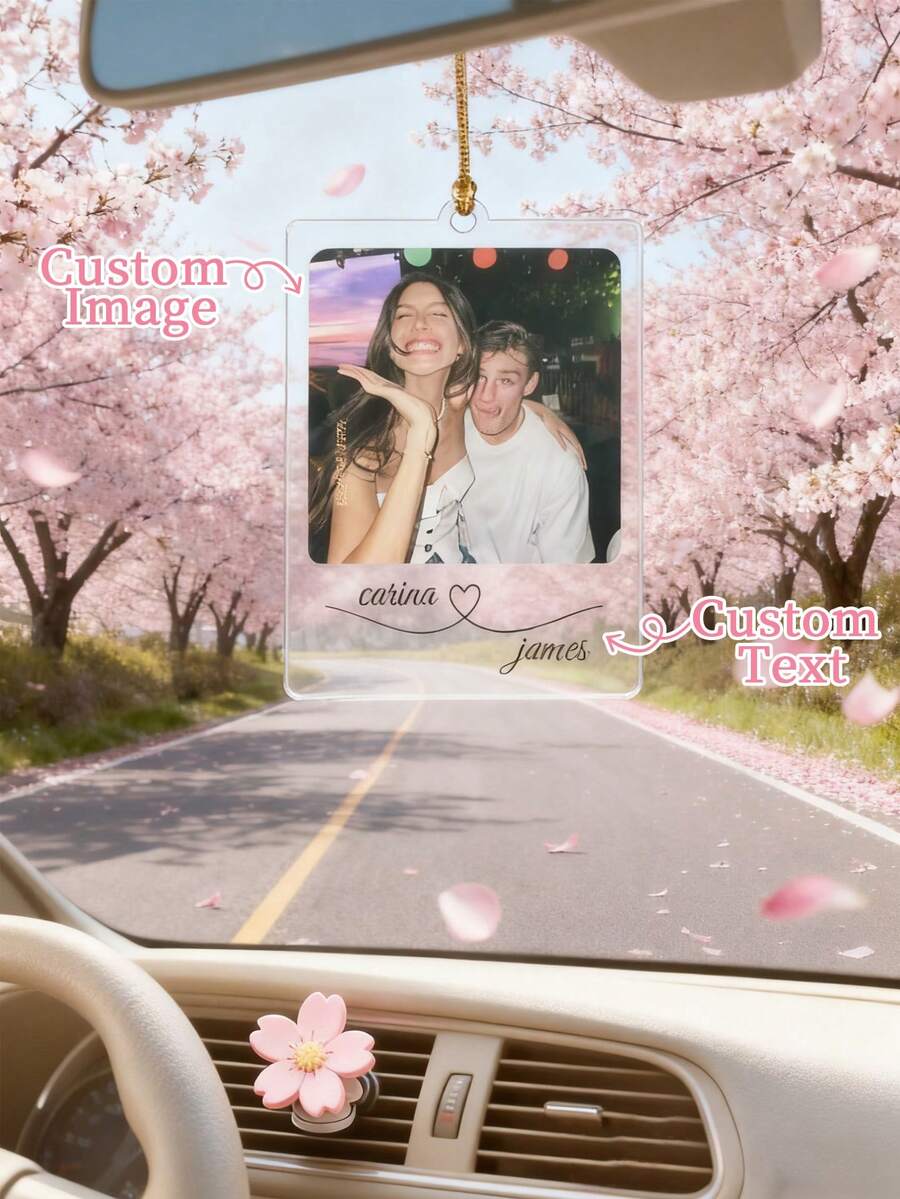 1pc Custom Acrylic Car Ornament - Personalized Photo And Name Car Mirror Decoration, Romantic Couple Gift For Valentine's Day, Anniversary, Wedding - Durable Car Accessory.