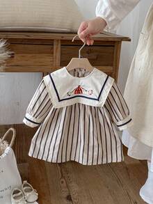 女童韩版海军领条纹长袖连衣裙，秋季 - 卡其色 - 查看 1