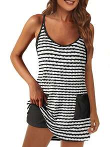 Women's Tennis Dress Athletic Mini Romper With Built In Shorts Summer Vacation Outfit - màu đen - Xem 3