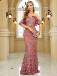 Váy bó sát eo đính sequin, dây mảnh - Bụi hồng - Xem 4
