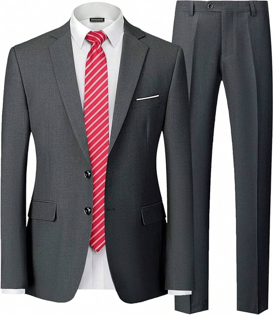 Hihawk Men's 2 Piece Suit, 2 Button Solid Pants SetChristmas FGLB - Dark Grey - View 1