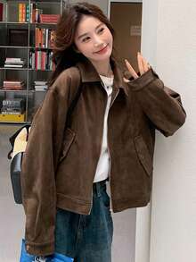 Retro Minimalist Suede Moto Jacket - Brown - View 2