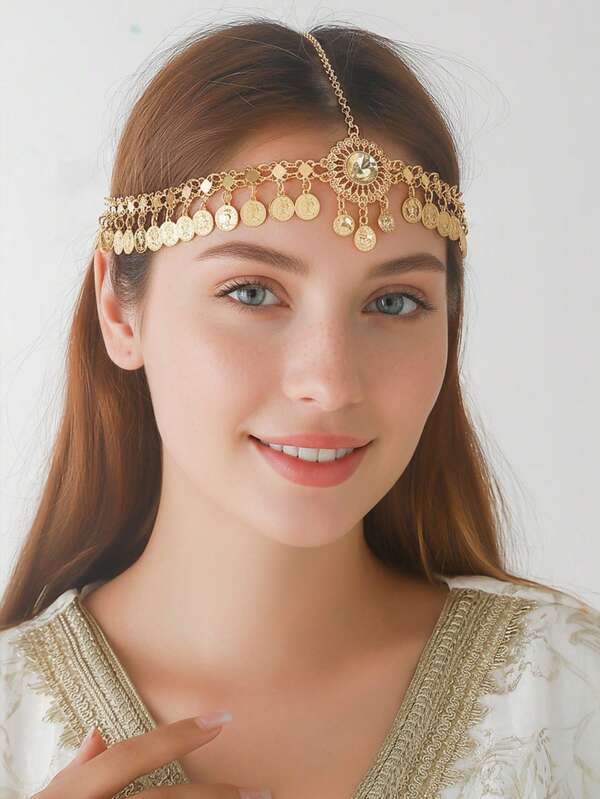 A New Gold Zinc Alloy Style Headchain Adopts The Style Of Arabic Head Pattern, Gold Silver Tassel Design, Inlaid With Champagne Large Gems To Meet The Young Girls To Wear On Holiday Occasions, Highlighting Elegance Wedding Hair Accessories