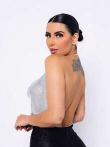 Women's Crop Top With Sexy Metallic Chain And Open Back - Bạc - Xem 2