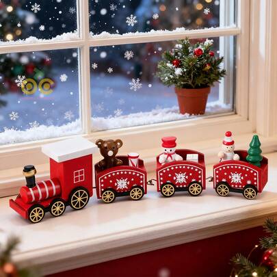 1 pieza Decoración de tren de madera de 4 secciones para Navidad, regalo para fiesta navideña, lindo adorno de madera para ventana, jardín, mesa, decoración navideña para el hogar, habitación y mesa, colgante decorativo para Navidad, Feliz Navidad, adecuado para decoraciones de centros de fiestas en interiores y exteriores, tema clásico de invierno, artesanía exquisita, decoración del hogar