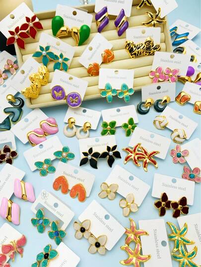 20 piezas/Set - Pendientes de acero inoxidable, Set de pendientes asimétricos multicomponentes, pendientes no descoloridos, estilo elegante, adecuados para uso diario de mujeres y regalos (entrega aleatoria)