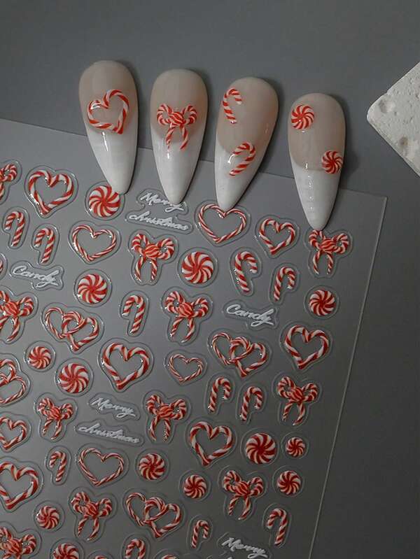 1pc 5D Jelly Embossed Red Christmas Candy Nail Sticker, DIY Self-Adhesive Waterproof Nail Art Decal
