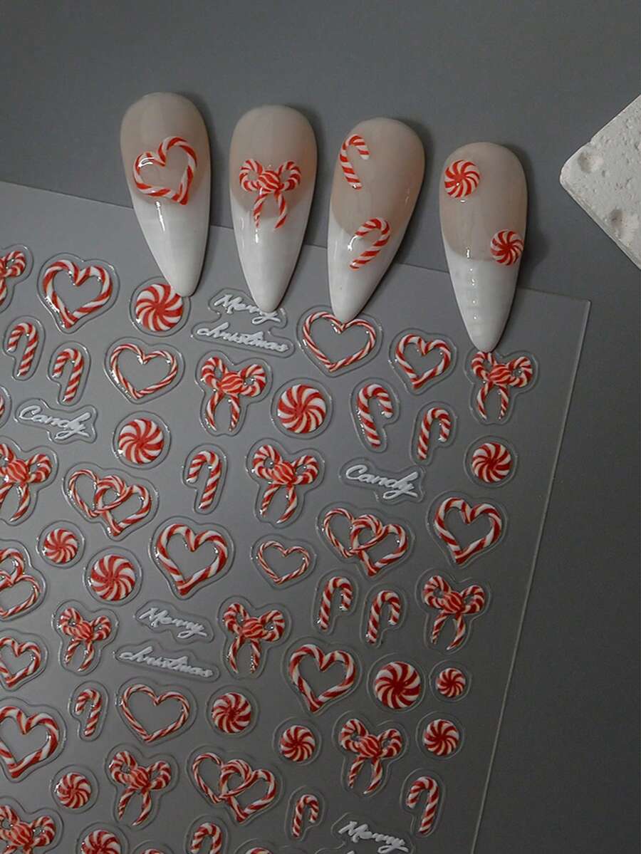 1pc 5D Jelly Embossed Red Christmas Candy Nail Sticker, DIY Self-Adhesive Waterproof Nail Art Decal - Multicolor - View 1