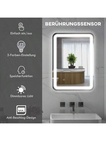 Kleankin LED Bathroom Mirror, 50 70 Cm, Verlichting Touch Switch, IP44, Automatic Defogging, Memory Function, Zilver Tempered Glass view 4