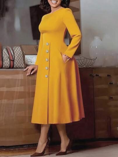 NOU Women's Mid-Length Dress, 7/8 Sleeve, Elegant, Comfortable, Casual, Suitable For Office, Daily Wear, A-Line Pleated Hem Design, Tie Waist, Flattering Silhouette, Solid Color, Elegant, Casual, Autumn/Winter