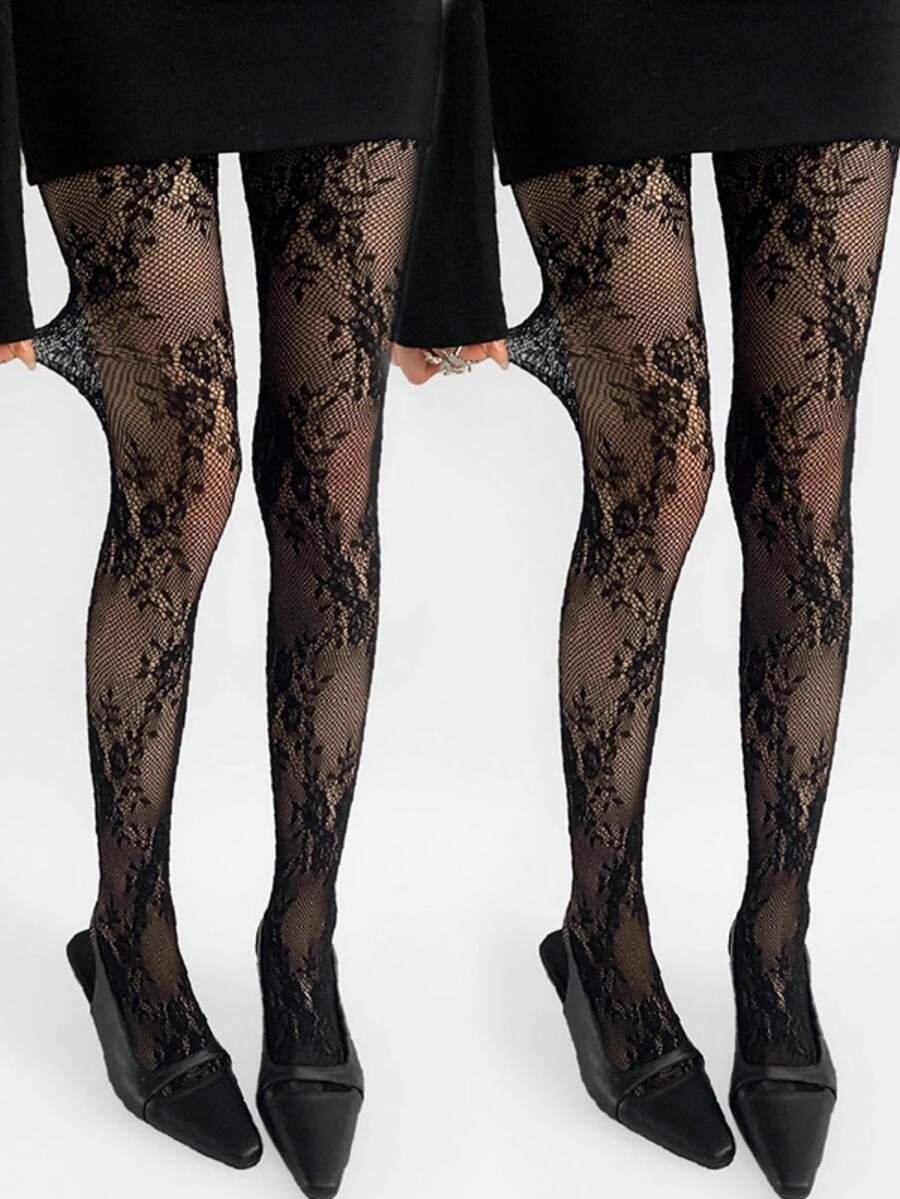 1/2 Pair Black Floral Pattern Women Fishnet Socks, Lace Trim Hollow Out Sexy Retro Rose Vine Leaf Breathable Pantyhose - Black - View 1