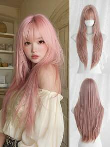 30 英寸粉色长层次直发假发，适合女士 - 优雅的刘海假发 - 深色发根，自然蓬松，非常柔软的合成耐热纤维全机发假发，适合女孩日常、音乐节派对、角色扮演动漫使用、送给朋友的礼物 - 粉色 - 查看 1
