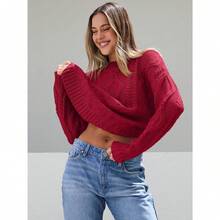 2025  Women's Oversized Cable Knit Crewneck Sweaters - 紅色 - 查看 4