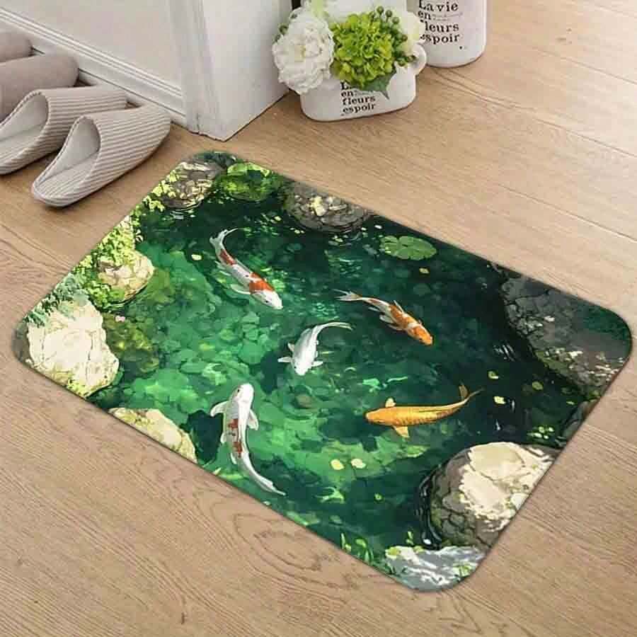 1PC Rectangular Printed Floor Mat--" Koi Pond Area Rug – Vibrant Japanese Koi Fish Design With Lush Greenery, Perfect For Living Room, Bedroom, Or Office Decor – Durable And Easy To Clean – Enhances Tranquility In Any Space"--Soft, Comfortable, Easy To Clean, Suitable For Corridor Bathroom, Bedroom, Kitchen, Porch, Laundry Room, RV Outdoor Decoration Holiday Decoration Three Sizes Are Available - 黑色 - 查看 1