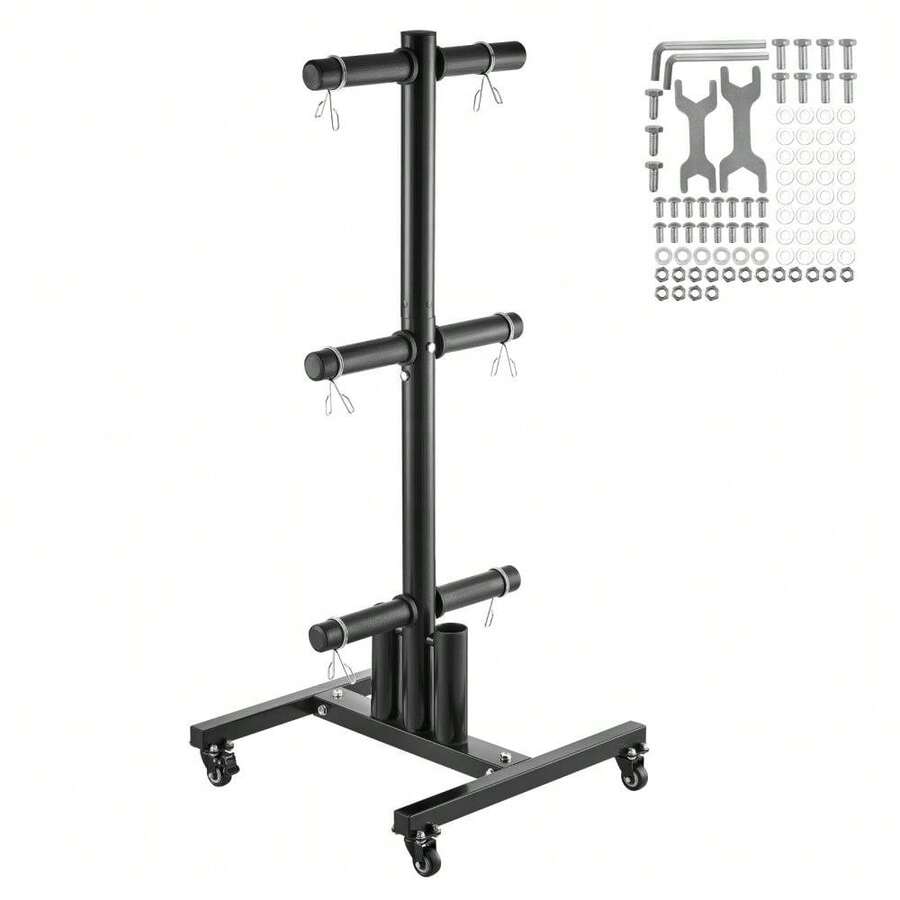 Estantería vertical de almacenamiento con ruedas - Capacidad de 454 kg, soporte para barra de gimnasio en casa, diseño compacto de 600x600x1350 mm, acabado negro elegante