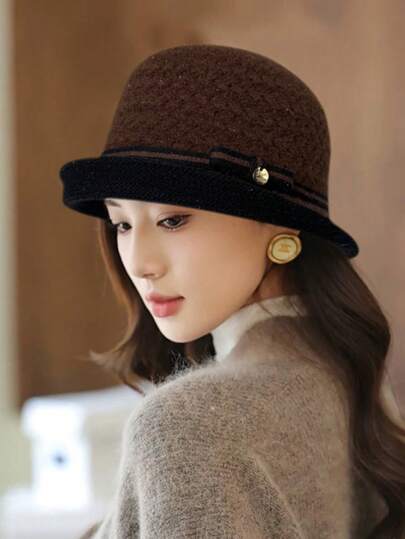 1pc Women's Autumn/Winter Knitted Bucket Hat, Fashionable Elegant Bow Rolled Brim Middle-Aged & Elderly Mother's Gift Hat, Casual Versatile Outdoor Windproof Warm Bucket Hat, Suitable For Gatherings, Parties, Daily Use