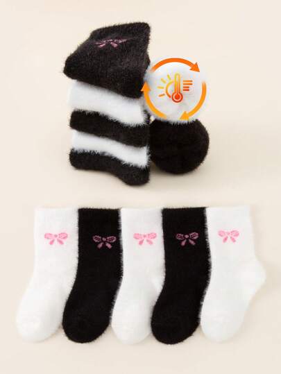 5 pares de meias quentes, decoração fofa de borboleta, lã coral macia e aconchegante, meias clássicas quentes casuais/de neve, adequadas para casa, escritório, atividades ao ar livre, feriados, cores aleatórias, outono/inverno