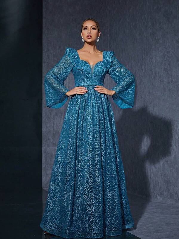 Ruffle Collar Embroidered Lace Long Sleeves High-End Evening Dress