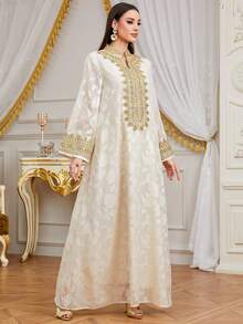 Abito da donna con scollo a V ricamato, elegante per la celebrazione di Eid Al-Fitr e Eid Al-Adha in primavera - Albicocca - Visualizzare 4