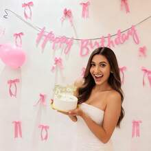 11 piezas Conjunto de decoración de pared con moños rosas, incluye 10 piezas de lazos de cinta + 1 pieza de corona de cumpleaños, adecuado para fiesta bohemia DIY, eventos con tema de ballet, perfecto para boda y sesión de fotos en el dormitorio