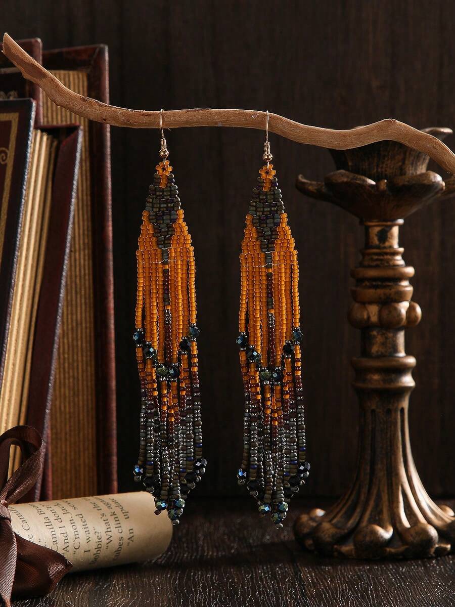 2 piezas Pendientes de borla con cuentas bohemios hechos a mano, estilo vintage, con patrón geométrico de diamante de color oscuro, con borlas oscilantes, decorados con cristales artificiales, accesorios elegantes y de moda adecuados para mujeres, vacaciones, fiestas, uso diario casual, gran idea de regalo