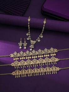 A Set Of Fashion Jewelry Headdress Combination With Necklace And Earrings, Variety Of Colors And Styles Suitable For Wedding, Daily Wear, Party - Gold Style, White Rhinestone, Versatile Bridal Accessory Set