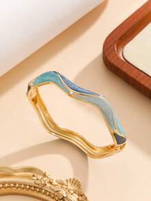 1pc Fashion New Style Gold Plated Enamel Mix Color Asymmetrical Shape Bracelet Bangle Jewelry For Women Girls - Blue - View 3