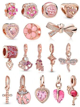 1 件玫瑰金时尚珠宝吊坠，饰有粉色叶子、羽毛、玫瑰、火烈鸟、花朵、小褶皱、爱心和蝴蝶结手链，串珠 DIY 吊坠配件，适合 DIY 手链和项链，适合作为母亲节和情人节等节日的珠宝礼物。