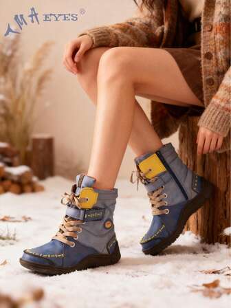  1 双 TMA EYES 女式复古风格手工缝制 PU 拼布对比色毛绒衬里保暖鞋垫提花鞋带钩环闭合防滑耐用舒适户外休闲加大码踝靴