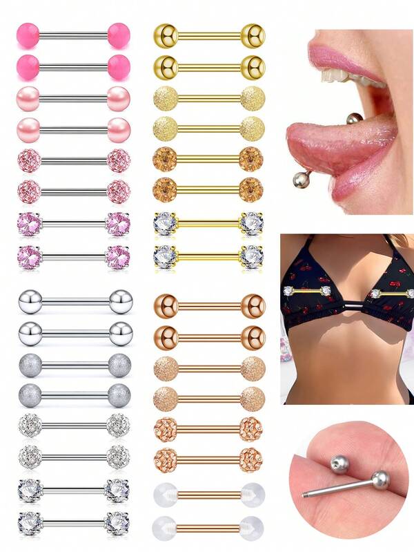 8 Stücke Edelstahl Barbell Brust-/Zungenring Set, funkelnde CZ Einlagen 14G Körperschmuck, geeignet für den täglichen Gebrauch