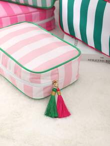 Customized Embroidered Striped Tassel Cosmetic Bag, Personalized Embroidered Name Organizer Pouch, Zipper Makeup Bag, Travel Toiletry Bag, Travel Essentials, Multi-Functional, Decorative, Lettering, Fashion, Modern, Colorful, Cute, Casual, Customized, Personalized, Unique, Custom-Made, Ideal Gift For Him, Ideal Gift For Her, Customized Children's Bags And Luggage ,Travel Organizer - Multicolor - View 10