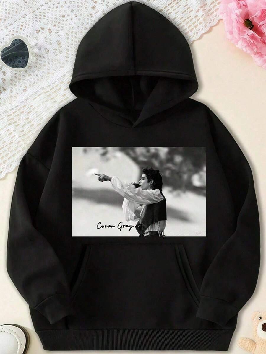 Vintage  Gray Show Image Musical Relic Print Wildflowers Concert Artwork Hoodie,Fall Hoodies,Men's Fall Clothes,Street Wear,Halloween,Mens Hoodies,Y2k Clothes,Jesus Hoodie,Thanksgiving Day,Nightmare Before Christmas,Christmas - 黑色 - 查看 1