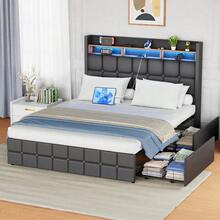 Upholstered Bed 140x190 Cm With 4 Drawers, With LED & USB, Storage Bed With Storage, 2 Person Bed, Metal Frame, Faux Leather, Grey - 查看 6