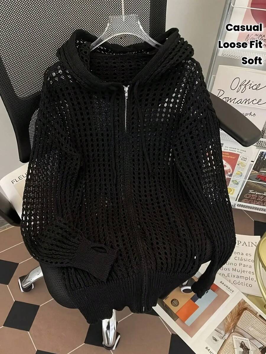メンズ春夏秋薄手透け感メッシュセーター｜フルファスナー前開き 丸首｜ルーズ版型 重ね着便利｜手洗い可 日常カジュアル款 - ブラック - チェックする 1