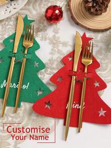 Customizable Name Christmas Tree Felt Personalized Cutlery Holder Bag Knife Fork Pouch Tableware Mat Party Table Decor Personalized Name Mat For Home Kitchen, Restaurant Dining, Party And Holiday Table Decor - Multicolor - View 1