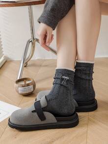 1/2/3/5 双装女士中筒袜，适合秋冬季节，可爱蝴蝶结图案，保暖舒适，可搭配靴子，厚羊毛袜，舒适袜