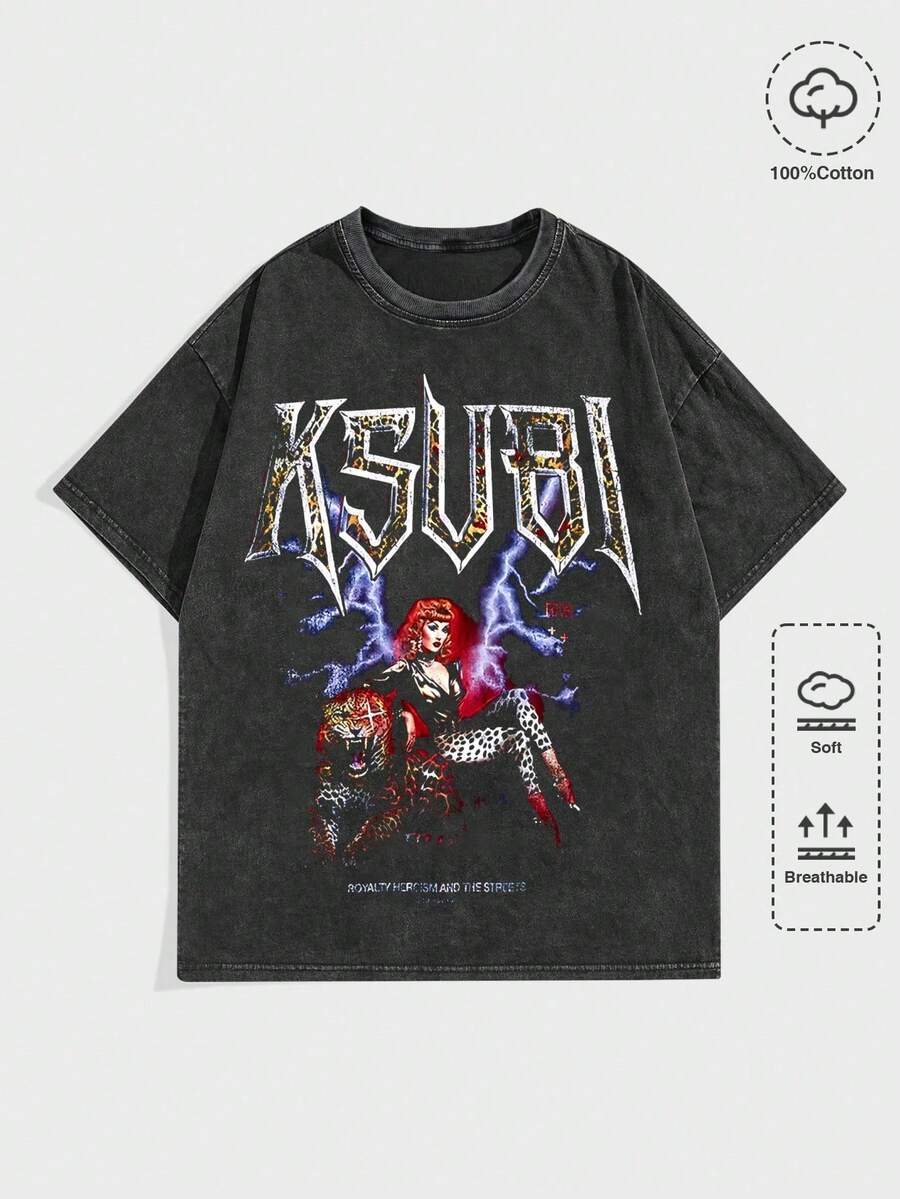 EWH Men's T-Shirt, Unisex Ksubi "Royalty Heroism And The Streets" Graphic Vintage Washed Cotton Tee DG004 - 黑色 - 查看 1