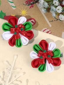 2pcs Girls Christmas Flower Hair Clips, Cartoon Christmas Tree & Bell & Santa Claus Accessory Decor Flower Clips, Classic Christmas Color Satin Ribbon Flower Hair Clips, Cute Festive Hair Accessories For Toddlers/Kids, Perfect For Christmas Parties, Holiday Gatherings, Winter Outfits & Family Photos, Adorable Xmas-Style Flower Hair Ornaments